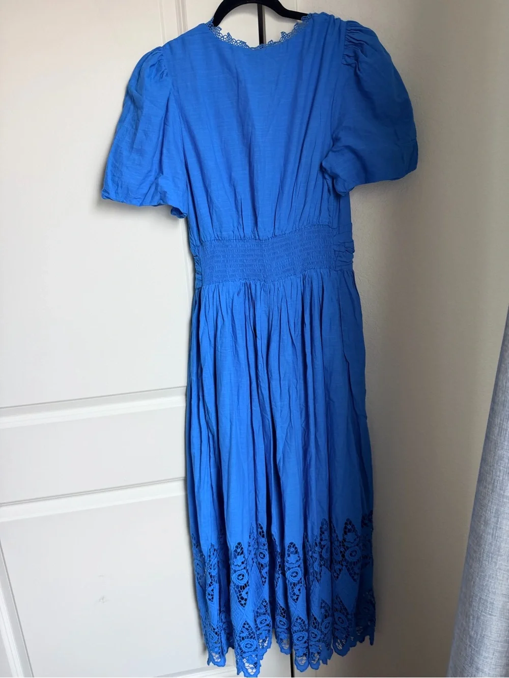 Anthropologie turquoise Blue Midi Dress with Lace Hem and V-Neck